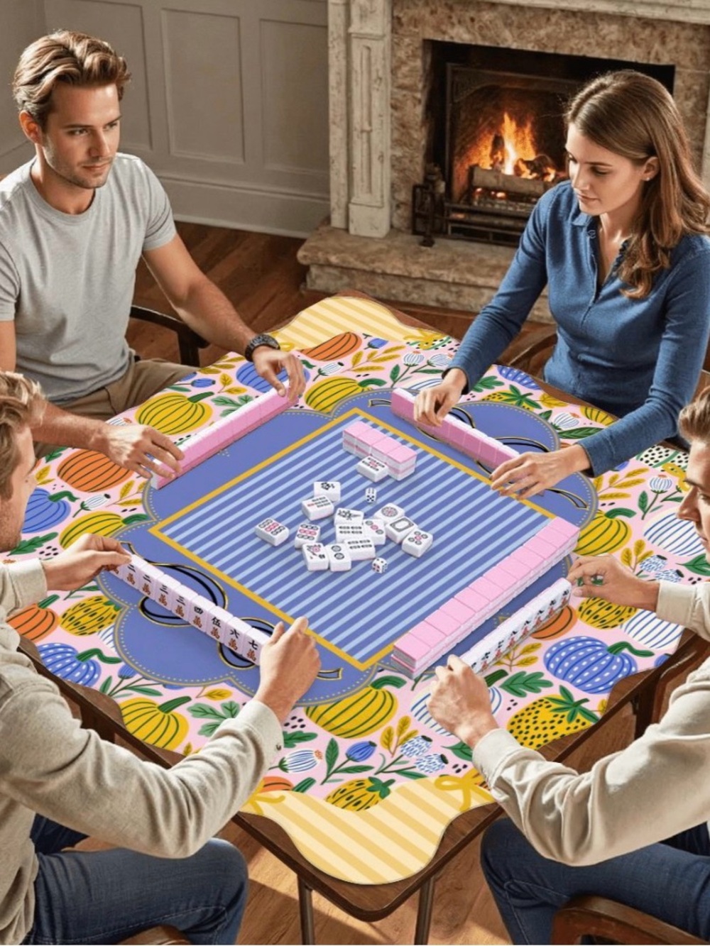 NEW Custom Designed Festive Blue Pumpkin Scalloped Edge Mahjong Mat - Picture 8 of 8